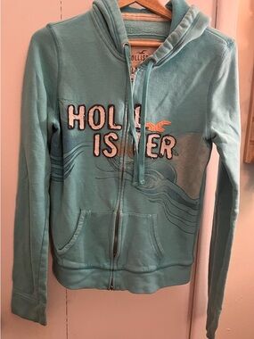 Hollister Aqua Zip-Up Hoodie with Embroidered Wave Accent